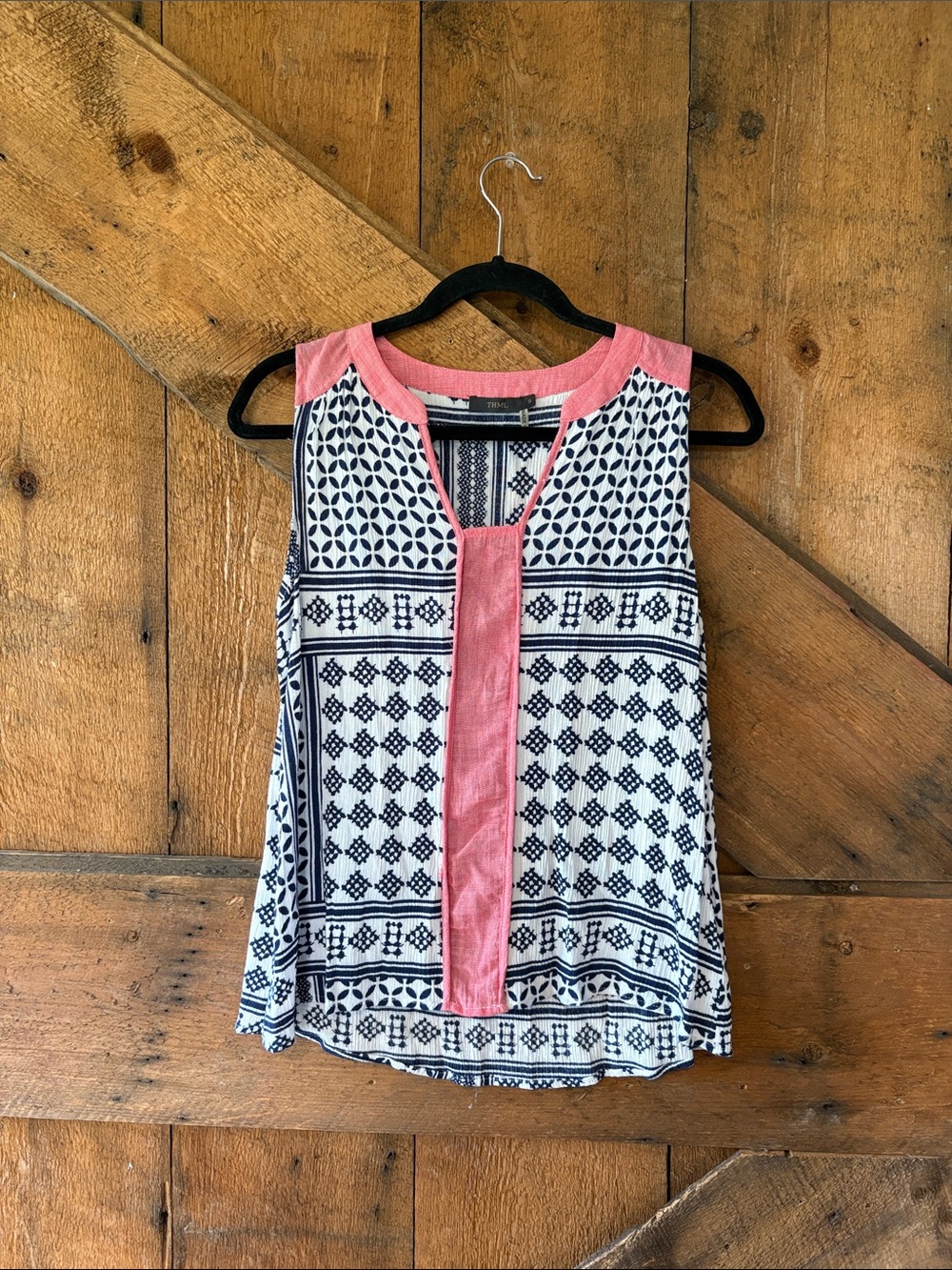 THML Navy Geometric Sleeveless Top Pink Trim